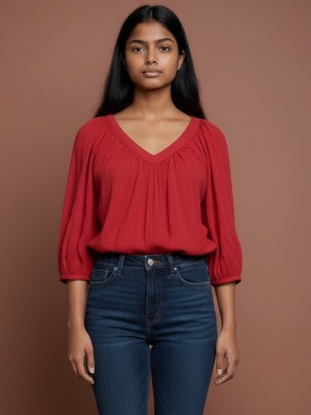 ❤️ Anthropologie x Maeve Red Jacquard 3/4 Sleeve Flowy Boho Poet Blouse